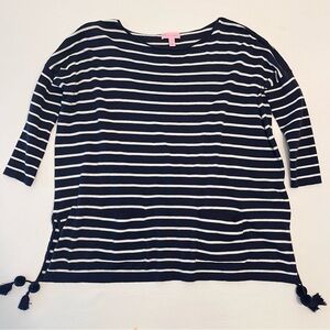 Lilly Pulitzer Elba Coolmax Navy & White Stripes Tassel Hem Nautical Sweater